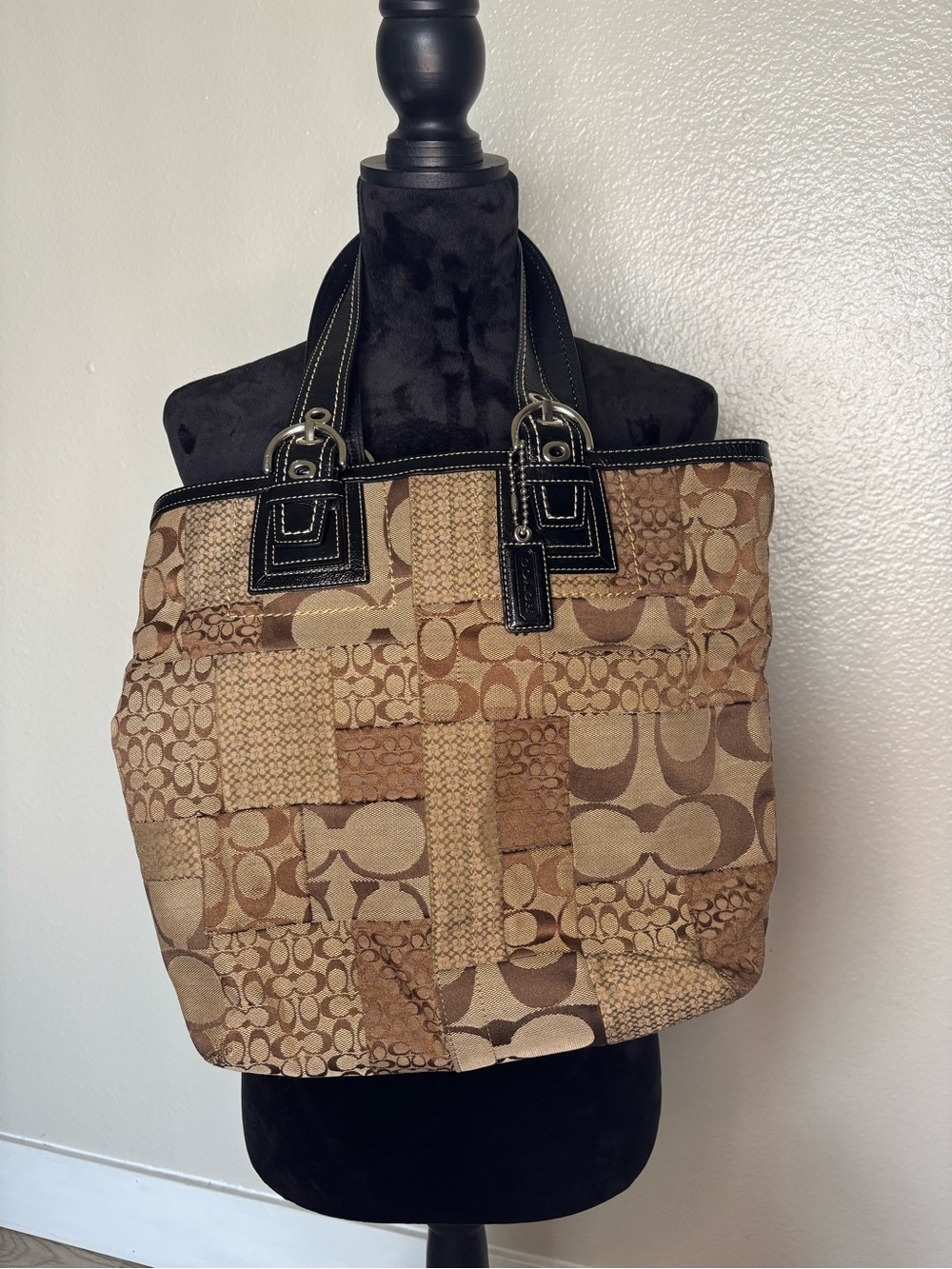 Coach Vintage Soho Signature Patchwork Tote in Brown with Black Trim